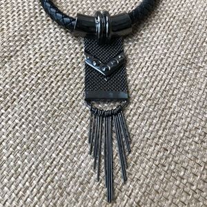 Black faux leather braided necklace with pendant